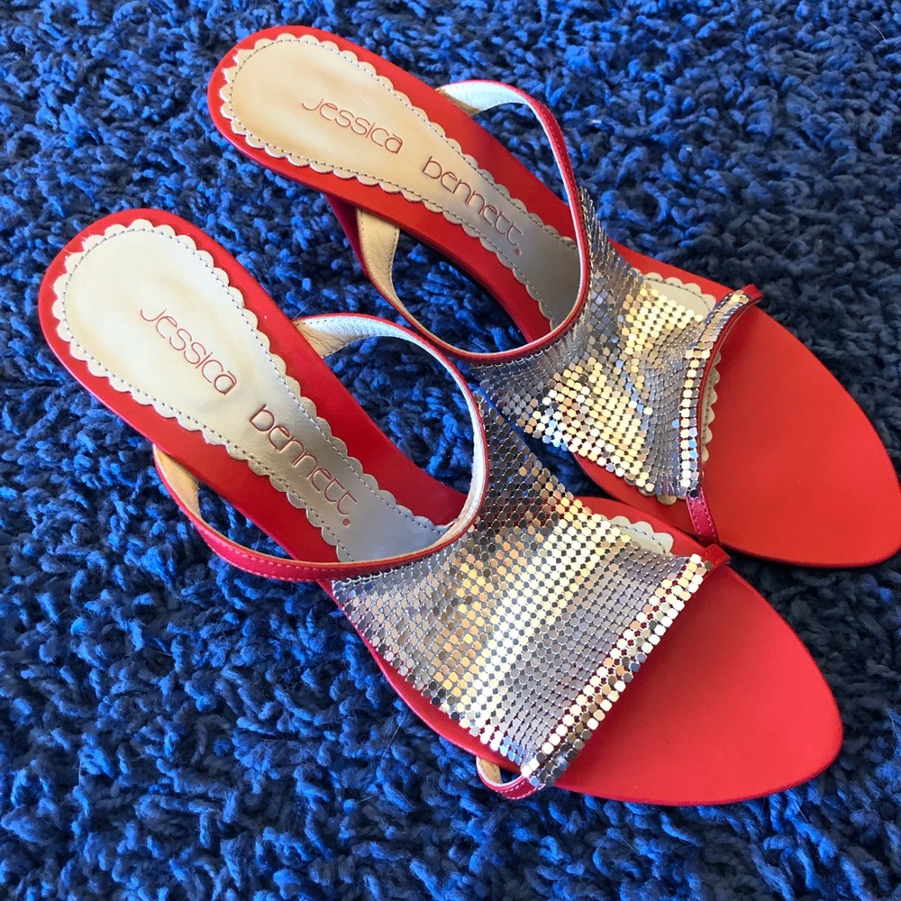 NWOB Jessica Bennett Red Pink Silver Mesh Heels 8